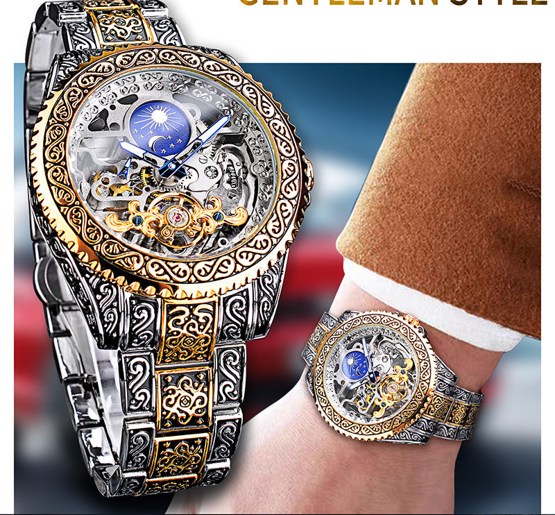Luxury Men's Skeleton Carved Tourbillon Mechanical Watch - Automatic Self-Wind Wristwatch with Moon Phase