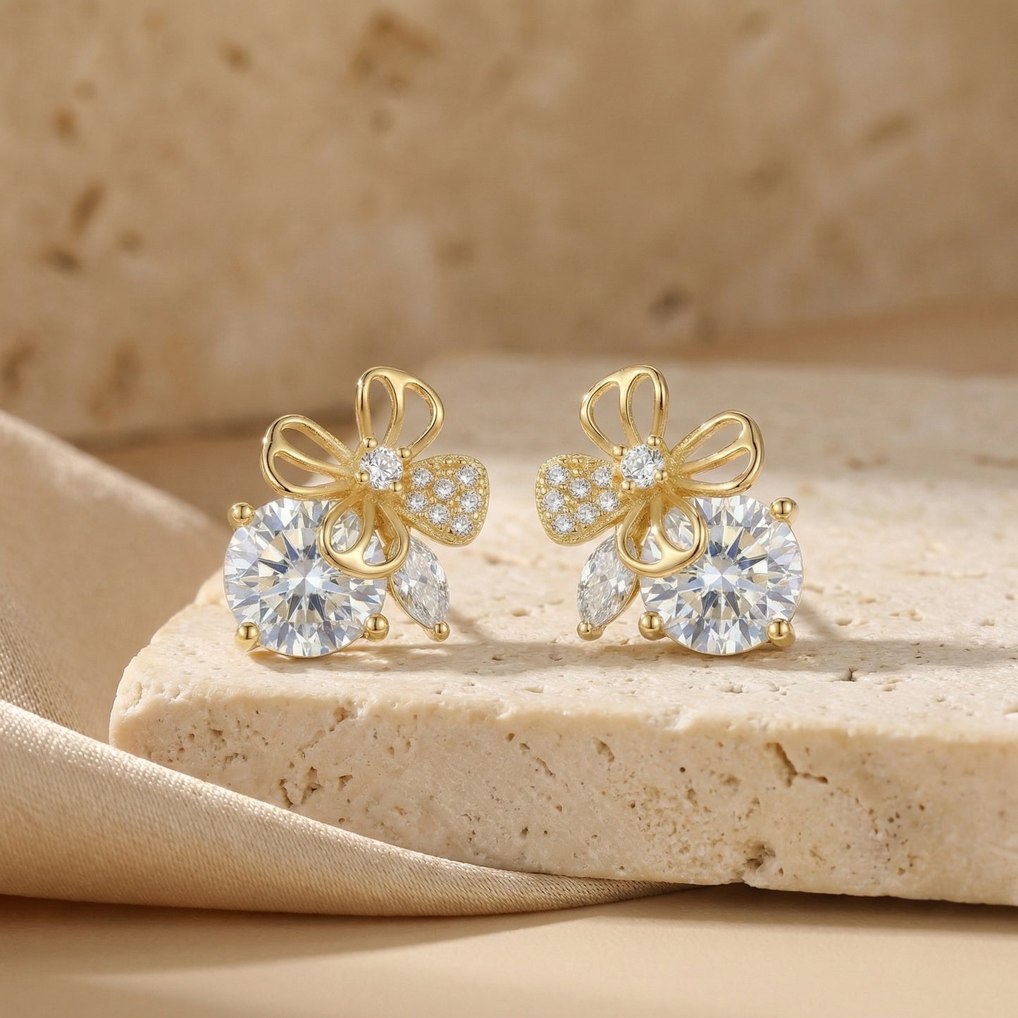 925 Sterling Silver Sparkling Butterfly and Floral Stud Earrings with Brilliant Round and Marquise Stones