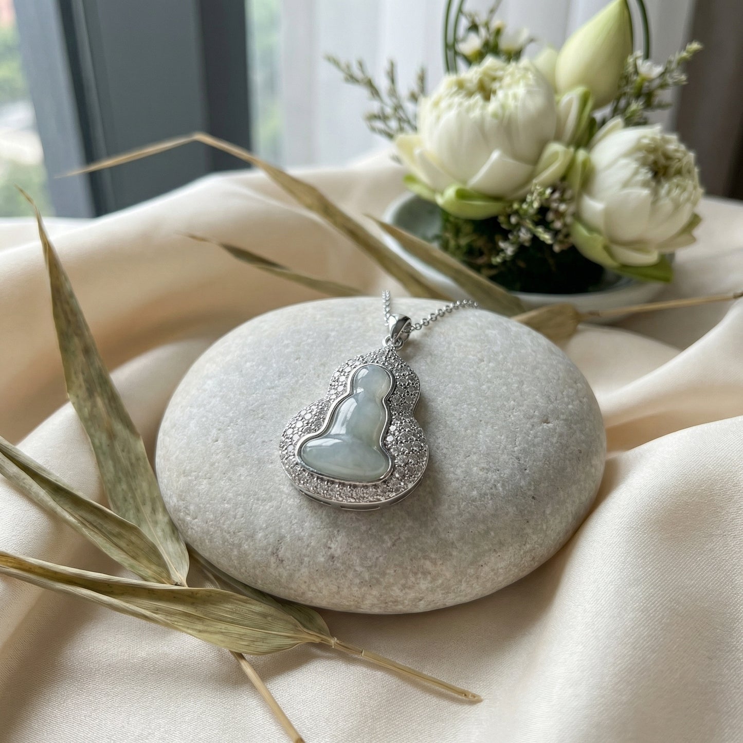 925 Sterling Silver Elegant Light Green Jade Buddha Pendant Necklace with Sparkling Accents