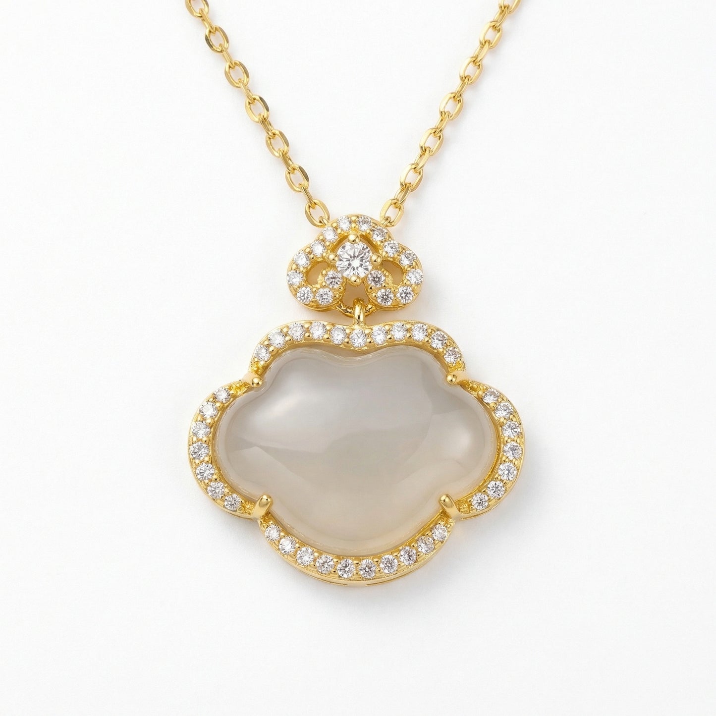 925 Sterling Silver Elegant Ruyi Cloud Pendant Necklace Featuring Translucent Gemstone and Brilliant Halo Accents