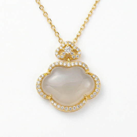 925 Sterling Silver Elegant Ruyi Cloud Pendant Necklace Featuring Translucent Gemstone and Brilliant Halo Accents