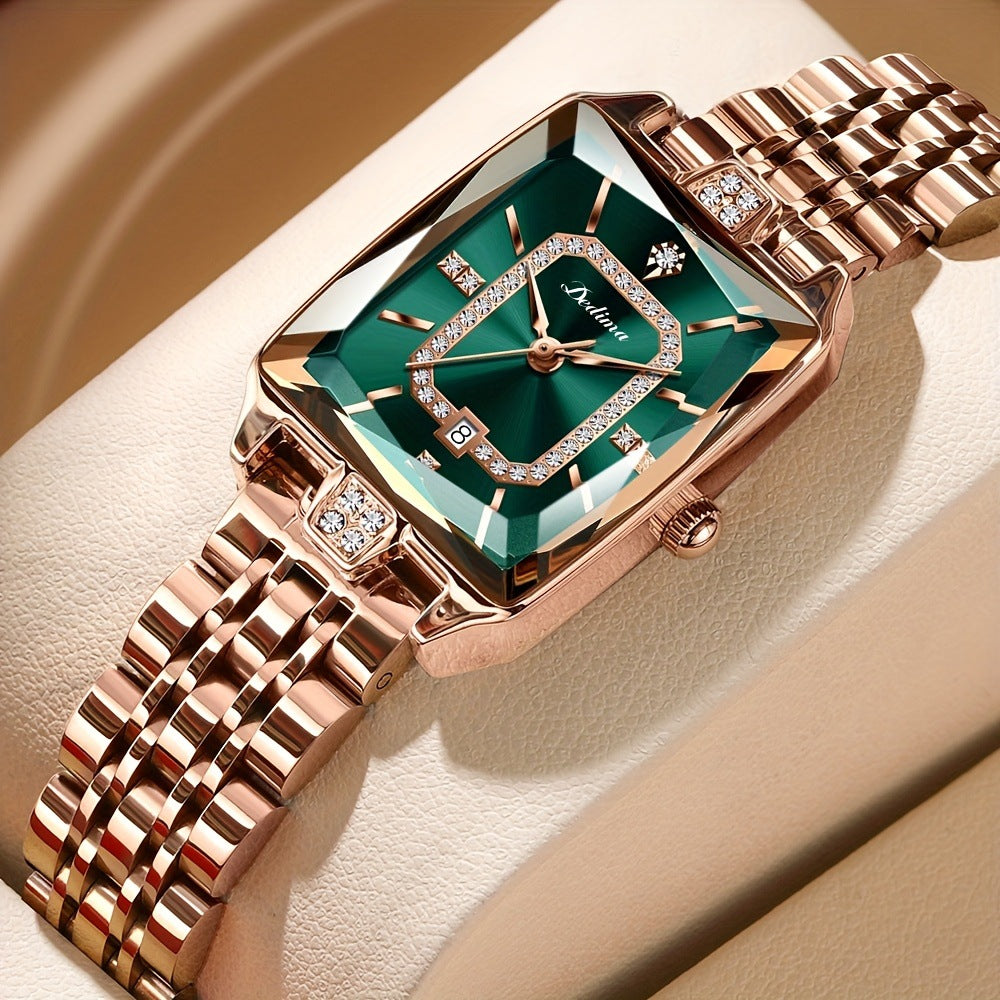 High-end Square Dial Women's Watch - Rose Gold Stainless Steel, Date Display & Zircon Accents