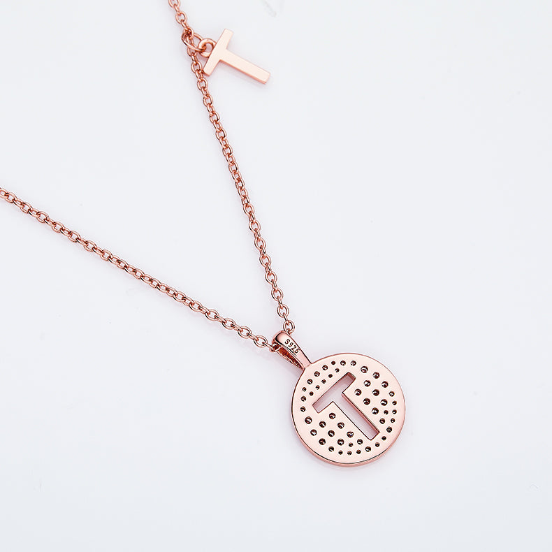 Luxury Initial Letter Necklace Pendant – T , S925 Silver Rose Gold Plated with Top-Quality Brilliant Moissanite