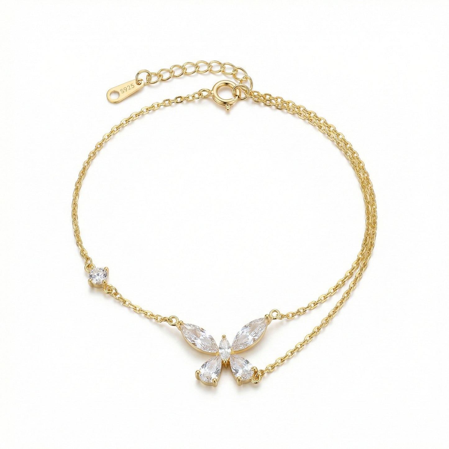 925 Sterling Silver Dainty Butterfly Crystal Bracelet with Double Layer Chain for Women