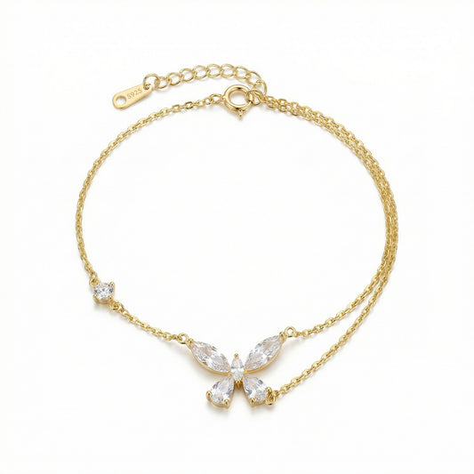 925 Sterling Silver Dainty Butterfly Crystal Bracelet with Double Layer Chain for Women