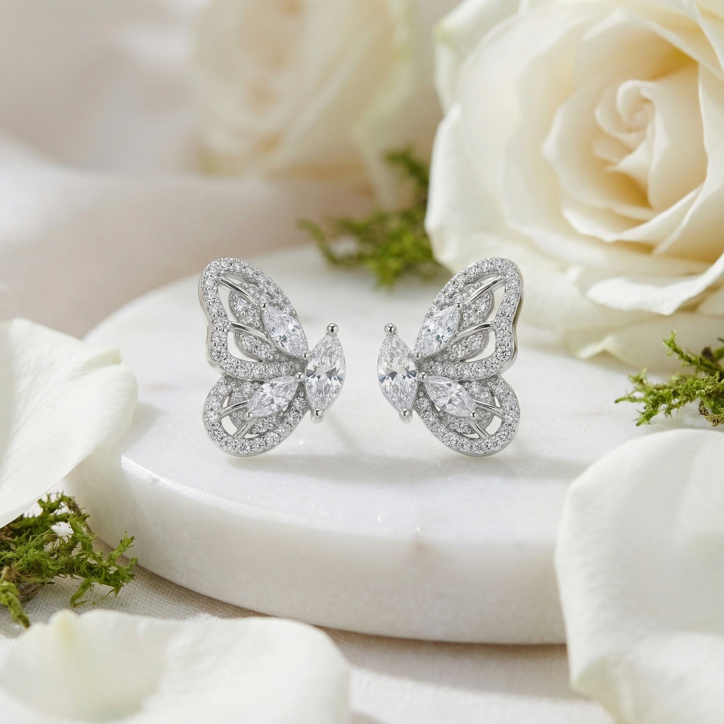 925 Sterling Silver Elegant Marquise and Round-Cut CZ Butterfly Stud Earrings