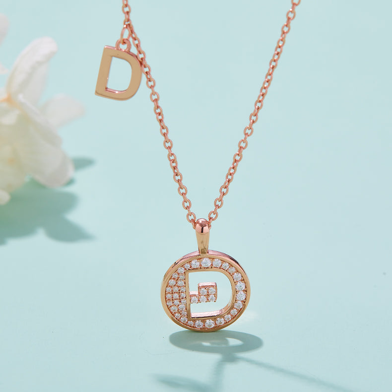 Luxury Initial Letter Necklace Pendant – D , S925 Silver Rose Gold Plated with Top-Quality Brilliant Moissanite
