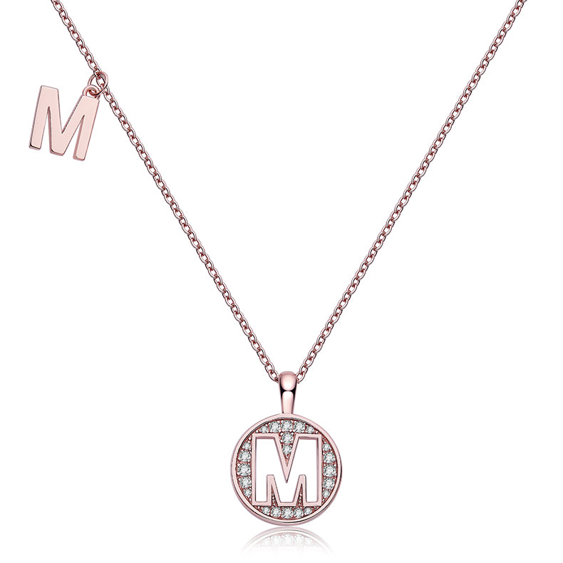 Luxury Initial Letter Necklace Pendant – M , S925 Silver Rose Gold Plated with Top-Quality Brilliant Moissanite