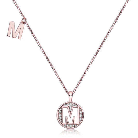 Luxury Initial Letter Necklace Pendant – M , S925 Silver Rose Gold Plated with Top-Quality Brilliant Moissanite
