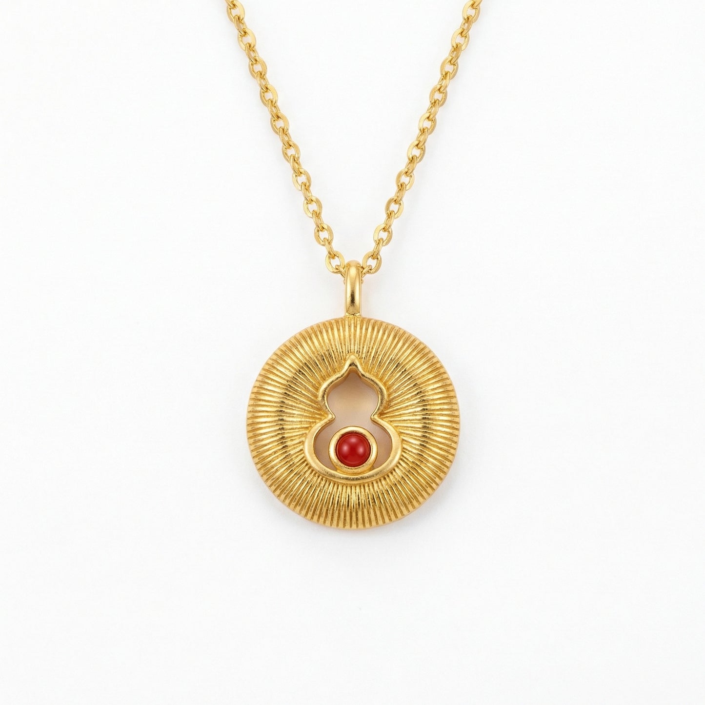 925 Sterling Silver Radiant Sunburst Round Necklace Featuring Elegant Gourd Motif and Vibrant Red Gemstone