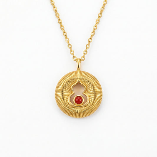 925 Sterling Silver Radiant Sunburst Round Necklace Featuring Elegant Gourd Motif and Vibrant Red Gemstone