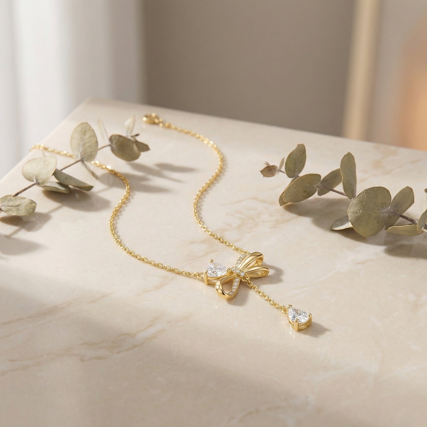 925 Sterling Silver Elegant Bowknot Necklace Featuring Heart and Pear-Cut Sparkling Stones