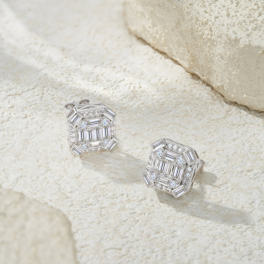 Luxury Silver Earrings Engraved With Top-quality Moissanite, Made Of S925 Silver With Electroplated Platinum.