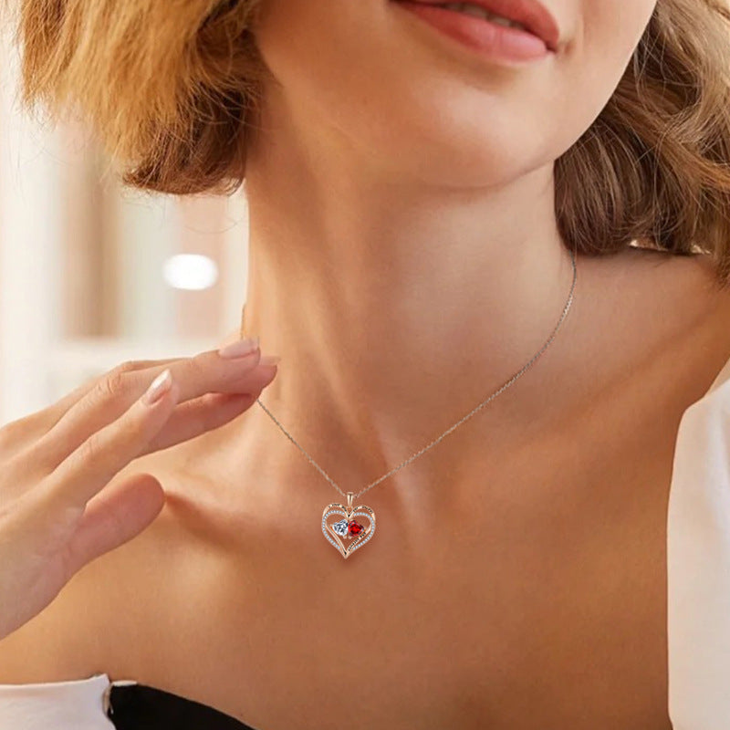 S925 Silver Double Love Necklace With Rhinestones  Heart-shaped Necklace