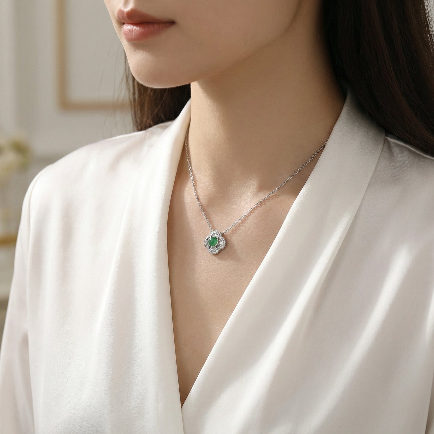 925 Sterling Silver Exquisite Quatrefoil Green Gemstone Pendant Necklace with Diamond Halo and Baguette Accents
