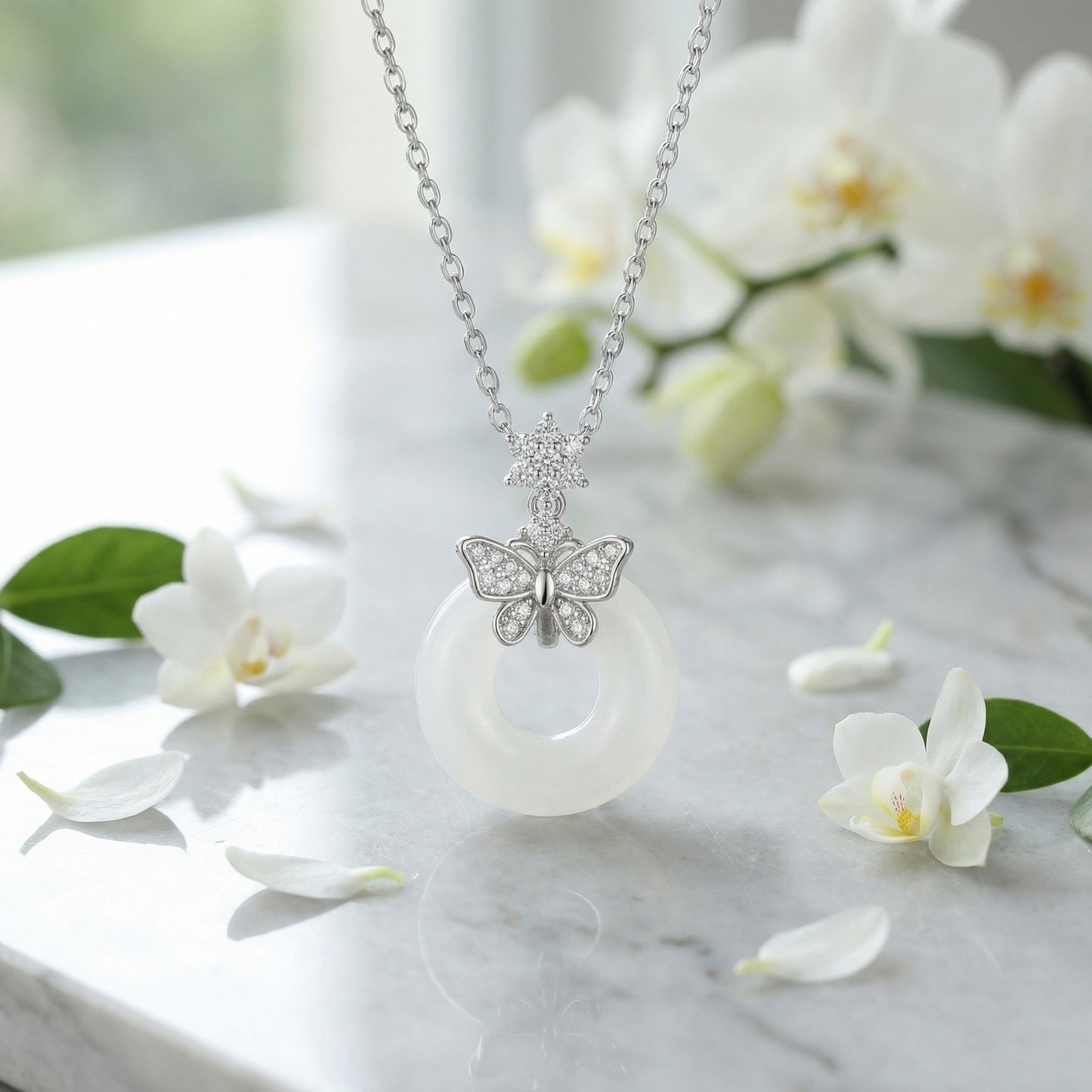 925 Sterling Silver Elegant Butterfly White Gemstone Donut Pendant Necklace in Sterling Silver