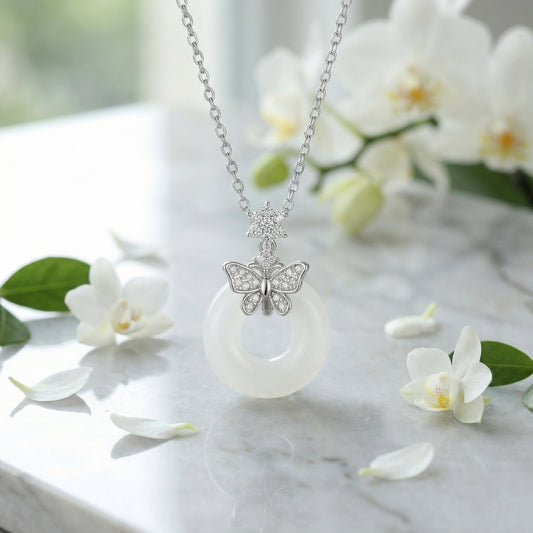 925 Sterling Silver Elegant Butterfly White Gemstone Donut Pendant Necklace in Sterling Silver