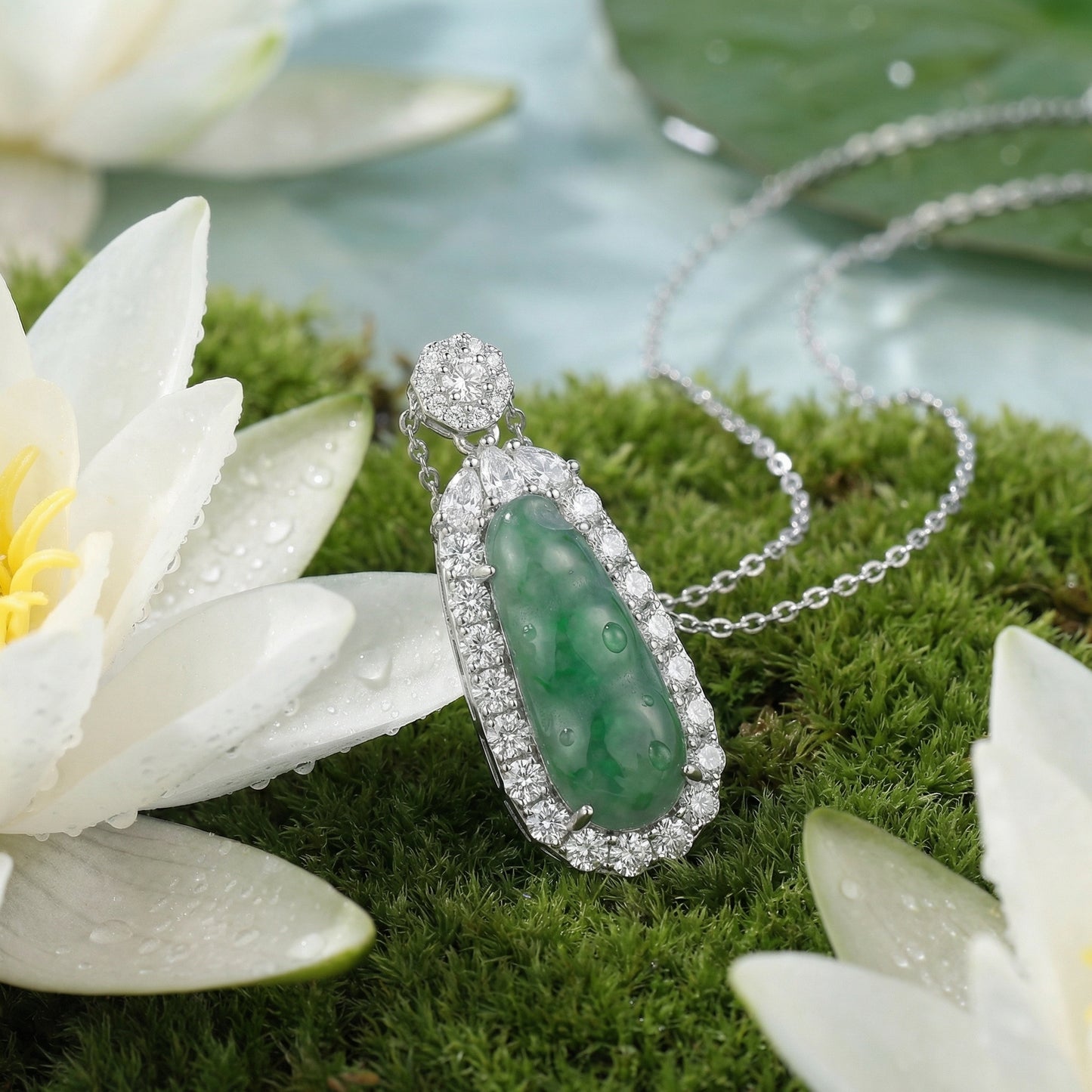 925 Sterling Silver Elegant Green Jadeite Pea Pod Pendant Necklace with Radiant Diamond Halo