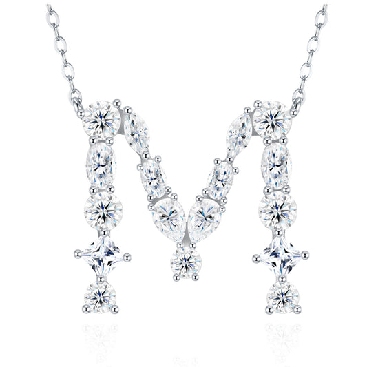 26-letter - M- Luxury Silver Necklace Featuring Top-quality Moissanite D Color VVS . Made Of S925 Silver Electroplated With Platinum.