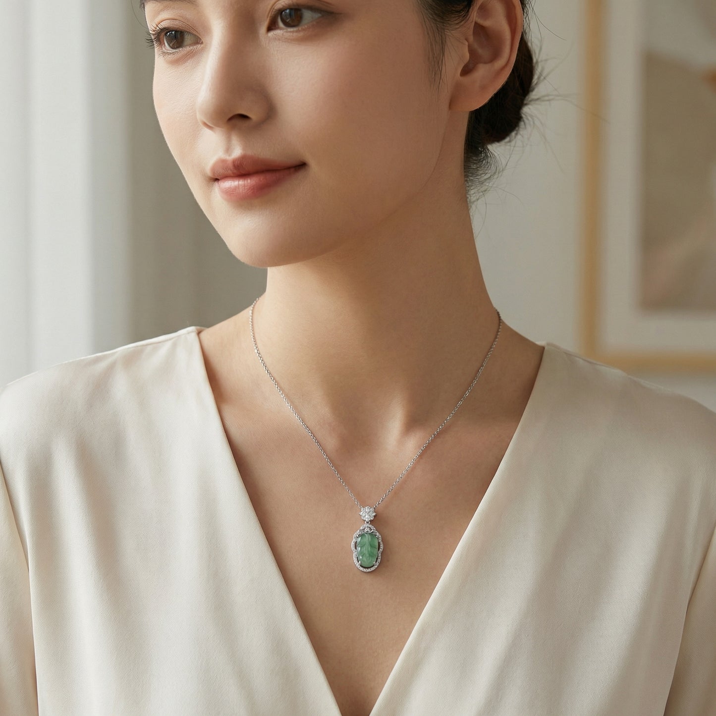 925 Sterling Silver Exquisite Carved Green Jade Leaf Pendant Necklace with Sparkling Stone Accents