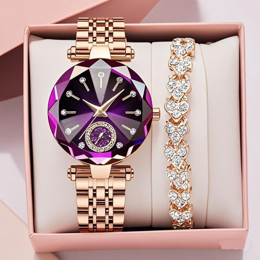 Luxury Diamond-Cut Ladies Watch: Rose Gold Stainless Steel, Multi-Color Dial Options & Waterproof