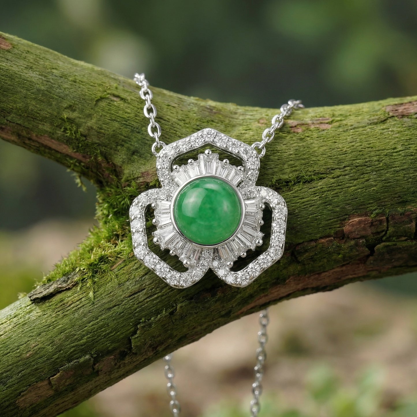 925 Sterling Silver Elegant Green Jadeite Cabochon and Diamond Floral Pendant Necklace