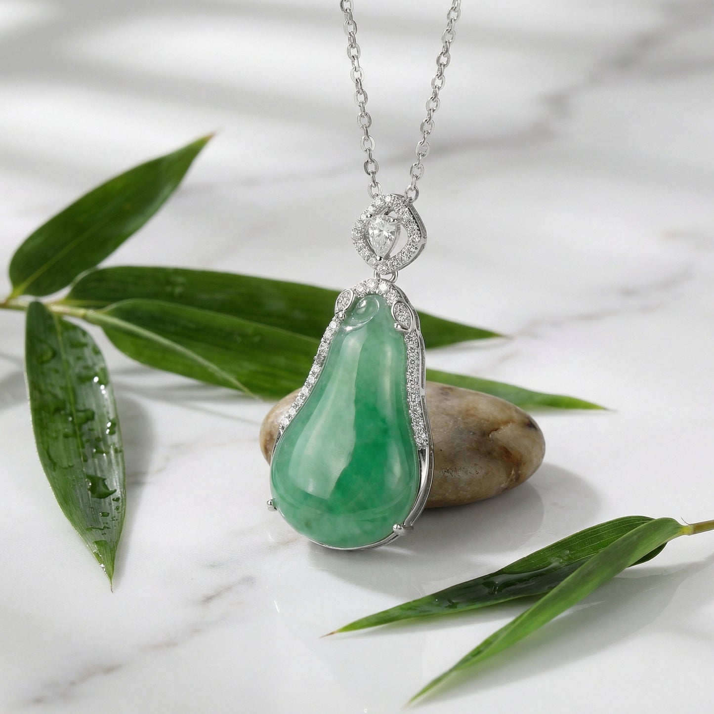 925 Sterling Silver Exquisite Emerald Green Jadeite Teardrop Pendant Necklace with Brilliant Diamond Accents.