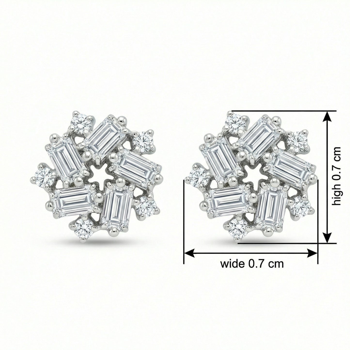 925 Sterling Silver Sparkling Baguette and Round Diamond Snowflake Cluster Stud Earrings