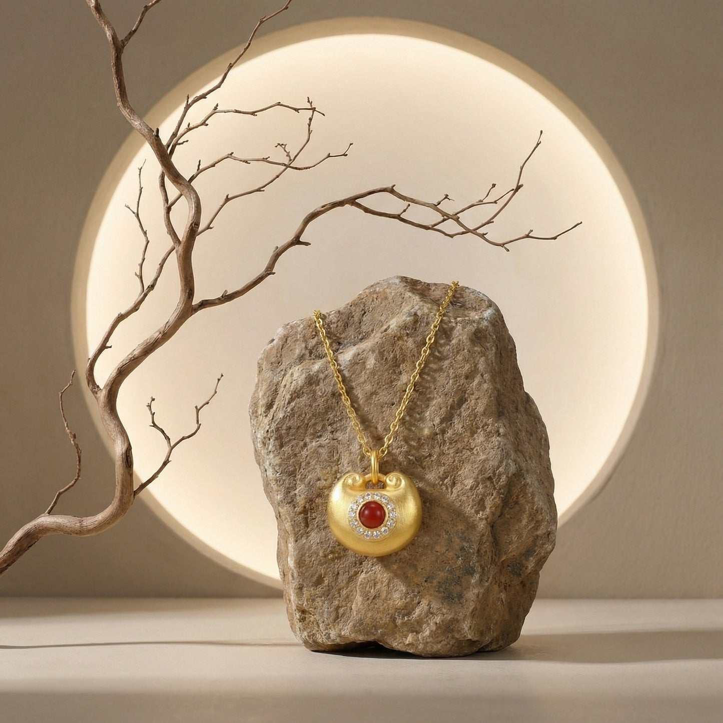925 Sterling Silver Elegant Red Agate Ruyi Longevity Lock Pendant Necklace with Shimmering Stone Halo