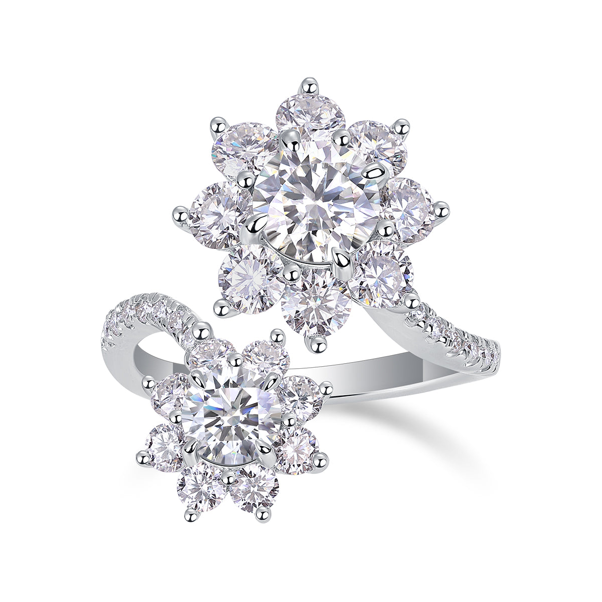 Luxury Floral Cluster Open Ring – S925 Sterling Silver, High-Brilliance Moissanite, Adjustable Double Flower Design