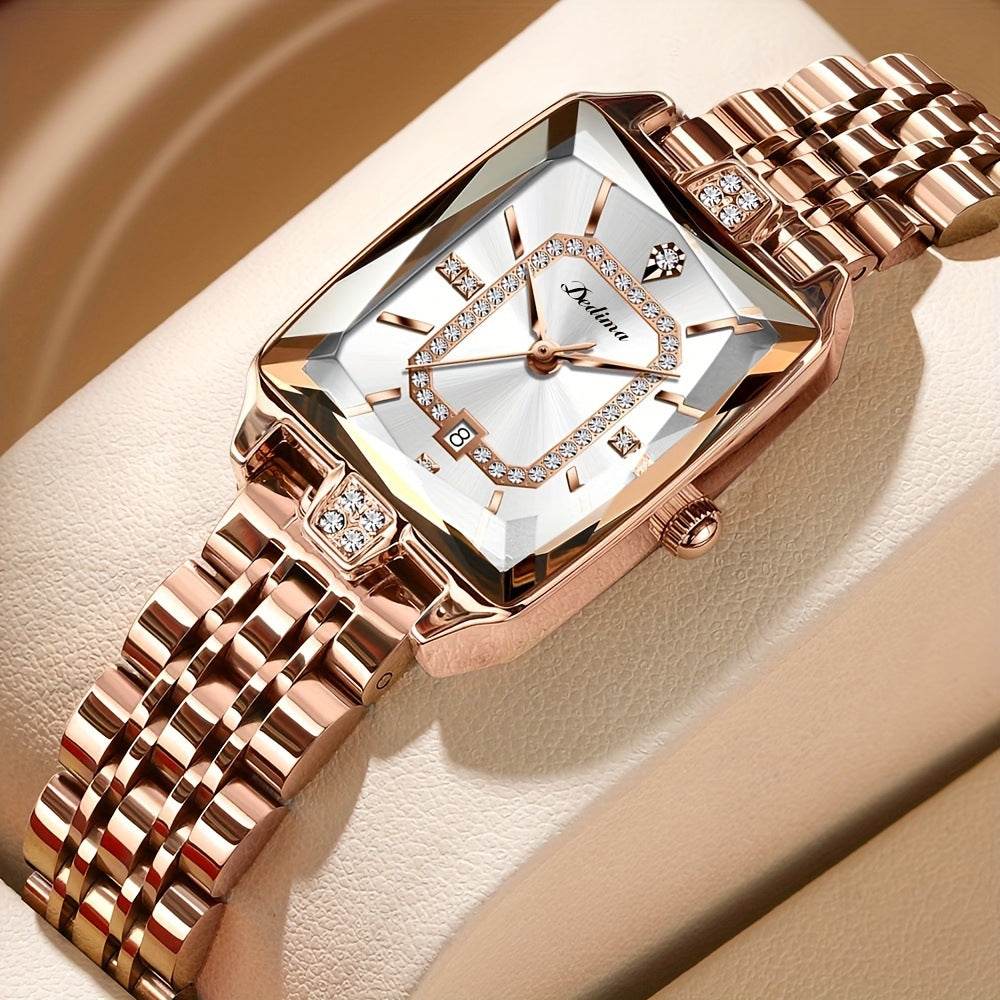 High-end Square Dial Women's Watch - Rose Gold Stainless Steel, Date Display & Zircon Accents
