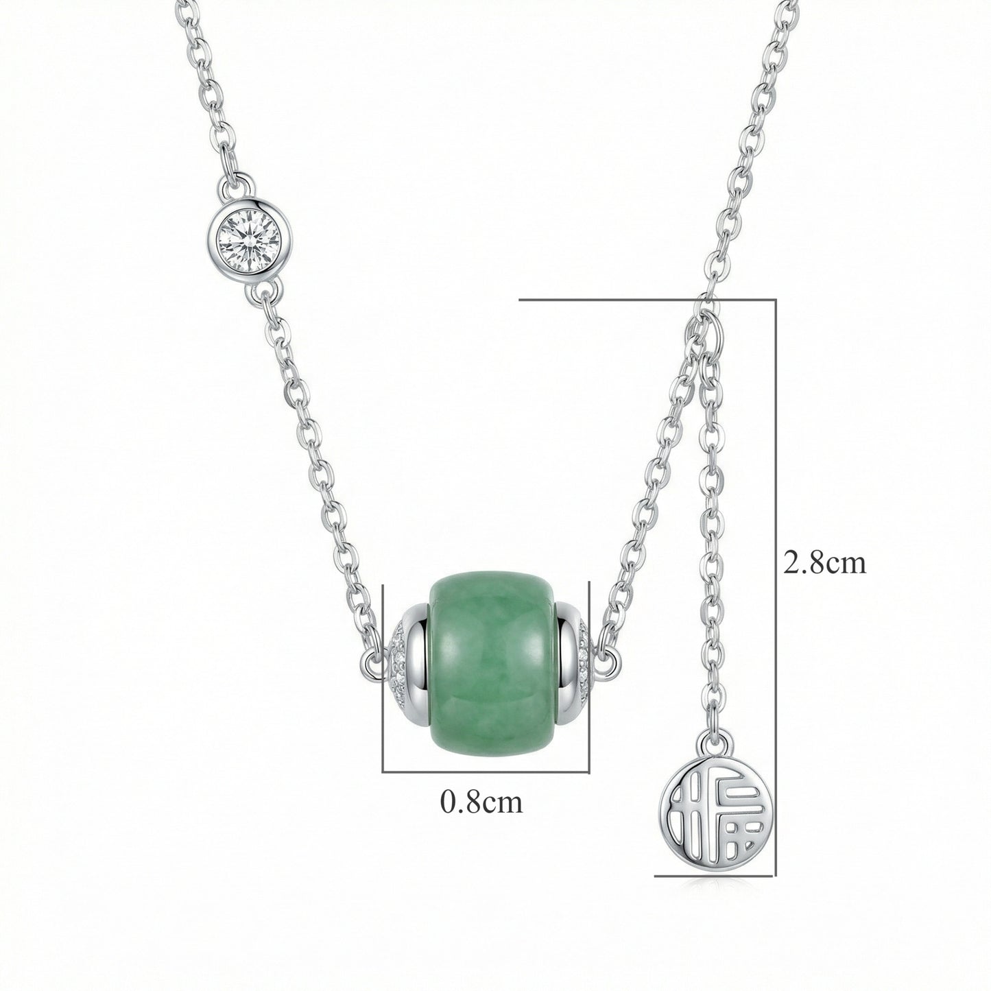 925 Sterling Silver Elegant Sterling Silver Green Jade Barrel Necklace with Diamond Accents and Fortune Pendant