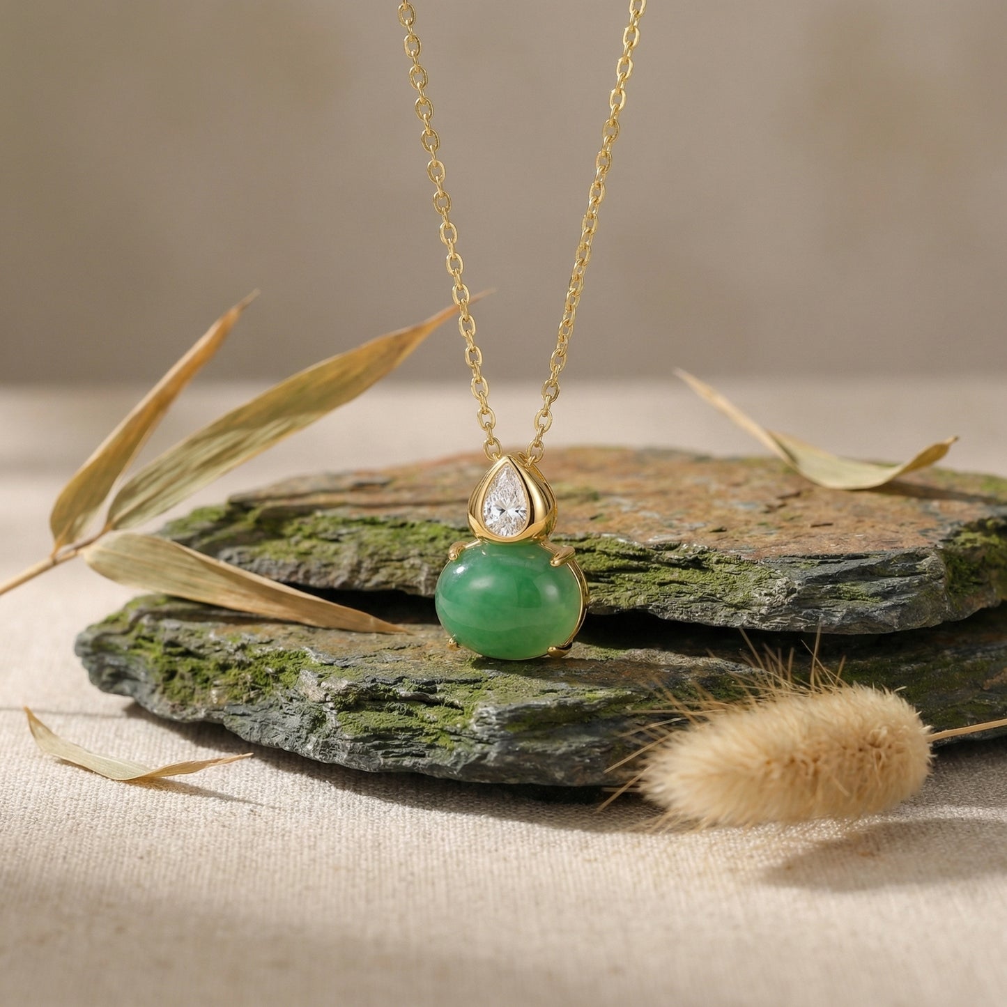 925 Sterling Silver Pear-Shaped Diamond and Green Jadeite Cabochon Necklace Pendant