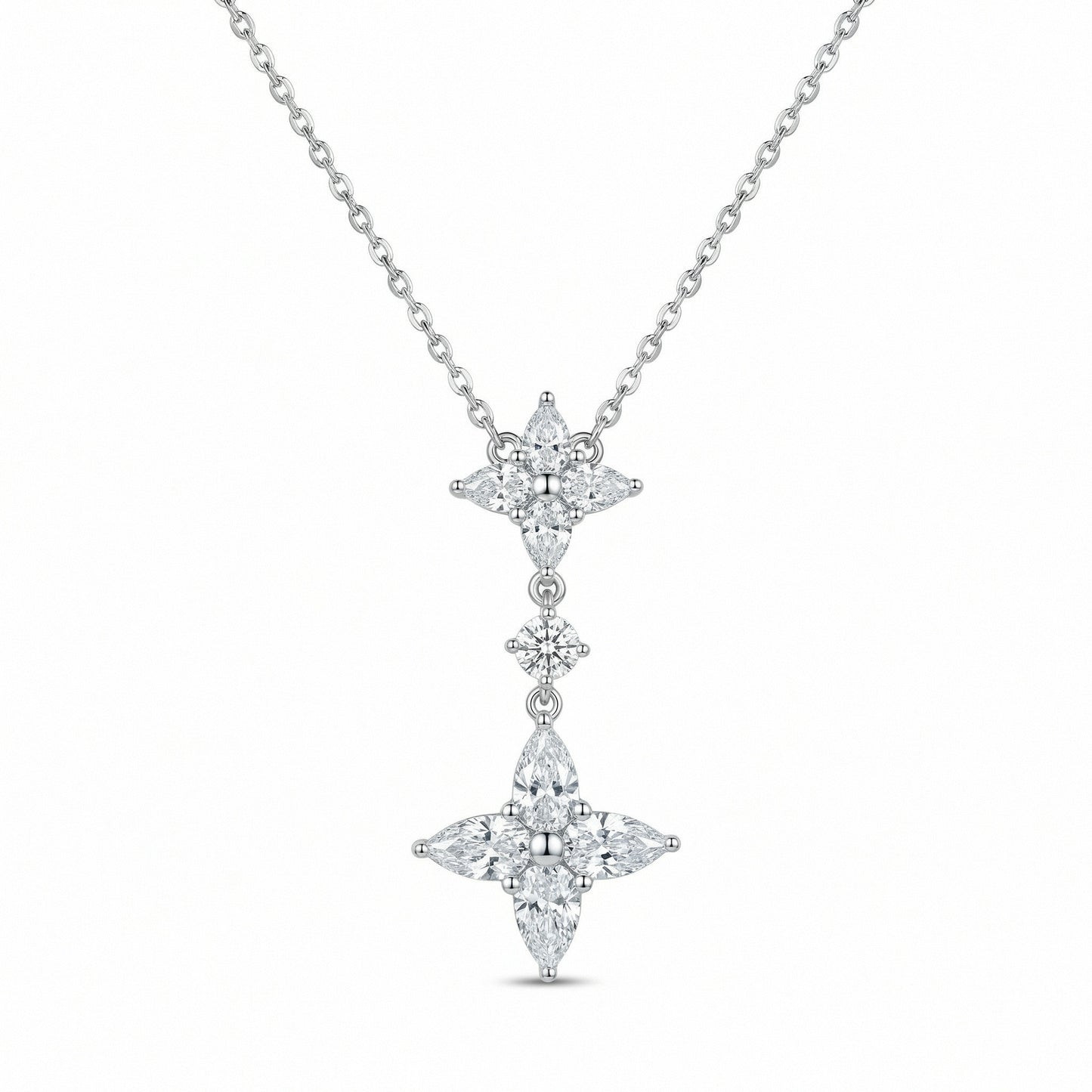 925 Sterling Silver Exquisite Marquise CZ Floral Double Cluster Drop Pendant Necklace