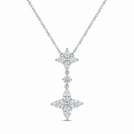 925 Sterling Silver Exquisite Marquise CZ Floral Double Cluster Drop Pendant Necklace