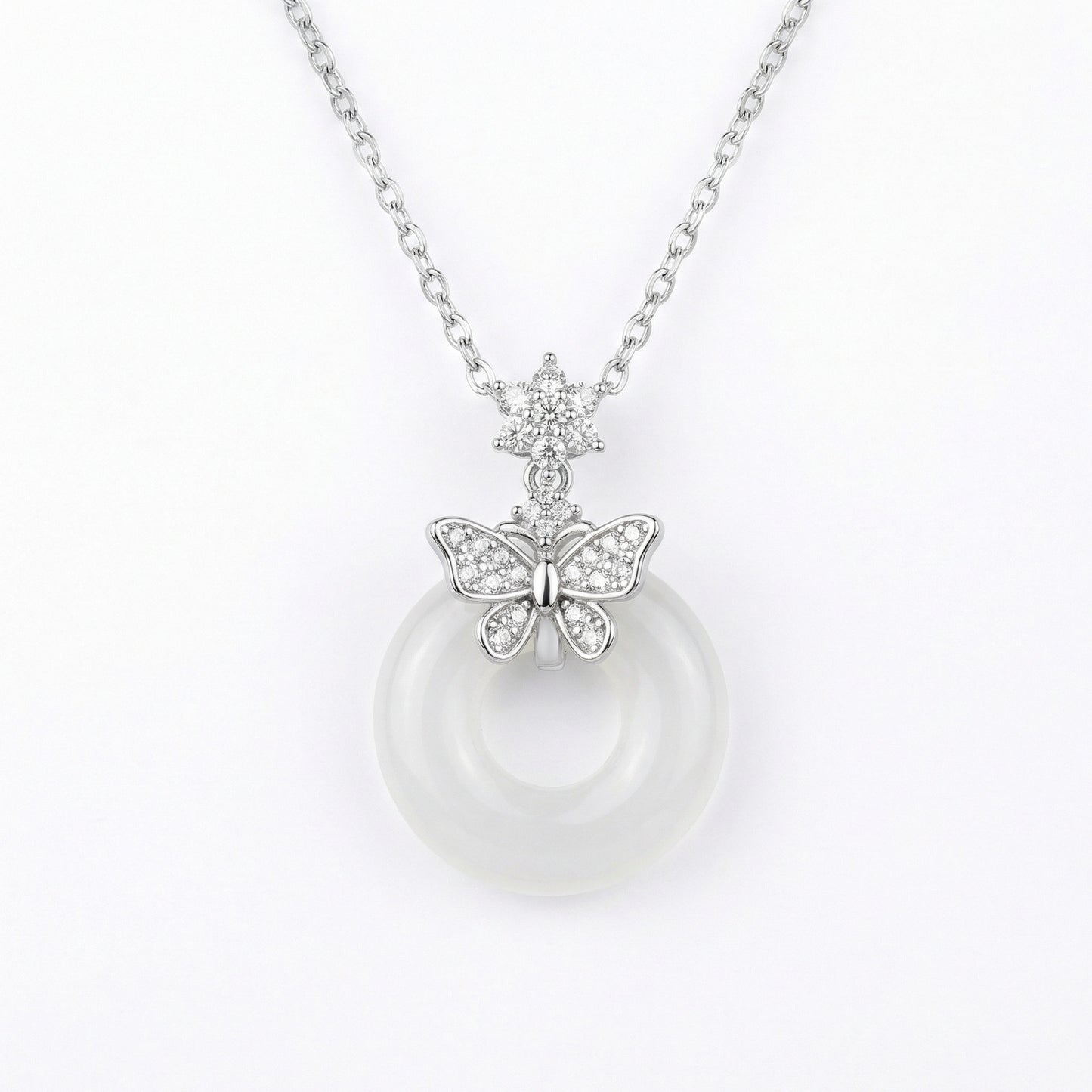 925 Sterling Silver Elegant Butterfly White Gemstone Donut Pendant Necklace in Sterling Silver
