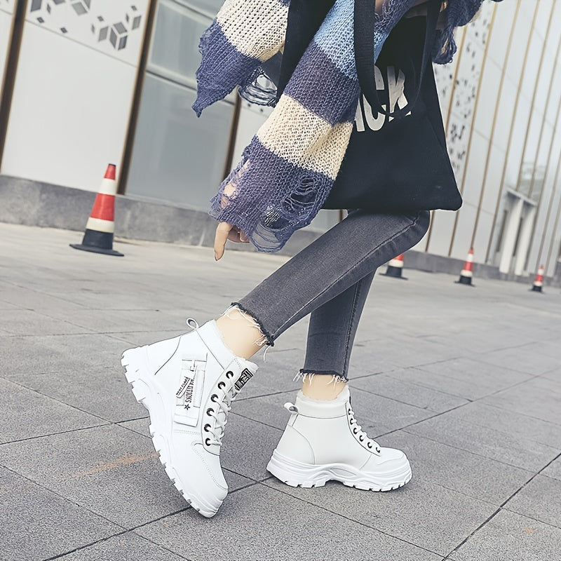 Women'S Winter High-Top Boots - Warm Fleece-Lined Ankle Boots with Thick Sole, Lace-Up Casual Style