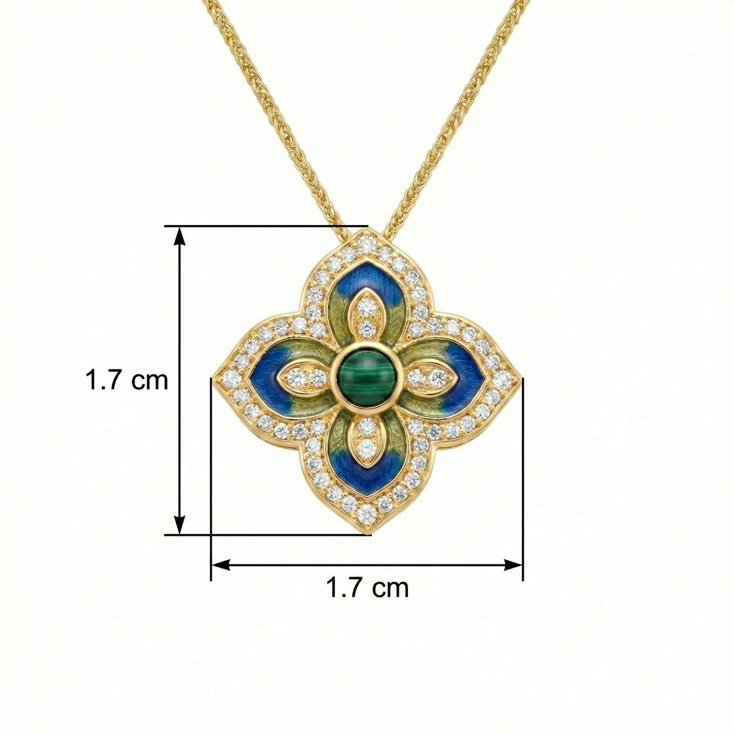 925 Sterling Silver Luxury Yellow Gold Malachite & Diamond Quatrefoil Pendant Necklace – Enamel Floral Design Statement Jewelry