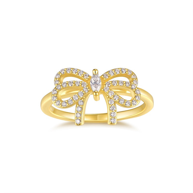 Luxury Gold Plated S925 Sterling Silver Bow Ring with D Color VVS Moissanite