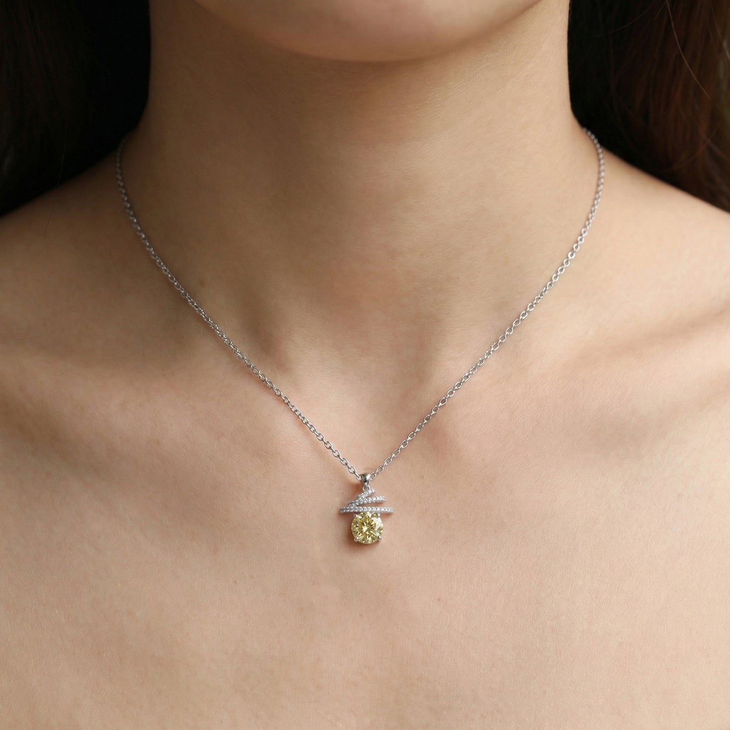 925 Sterling Silver Radiant Citrine-Tone Gemstone Spiral Pendant Necklace with Sparkling Accents