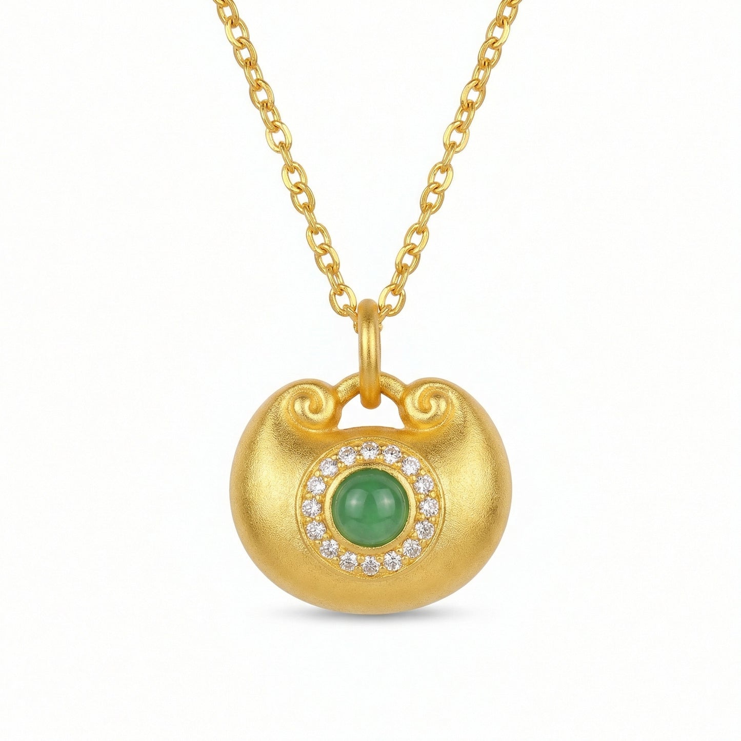 925 Sterling Silver Elegant Matte Longevity Lock Pendant with Vibrant Green Jadeite and Shimmering Gemstone Halo