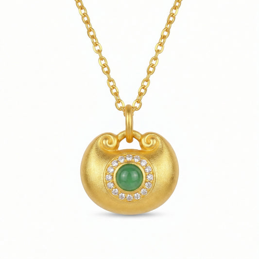 925 Sterling Silver Elegant Matte Longevity Lock Pendant with Vibrant Green Jadeite and Shimmering Gemstone Halo