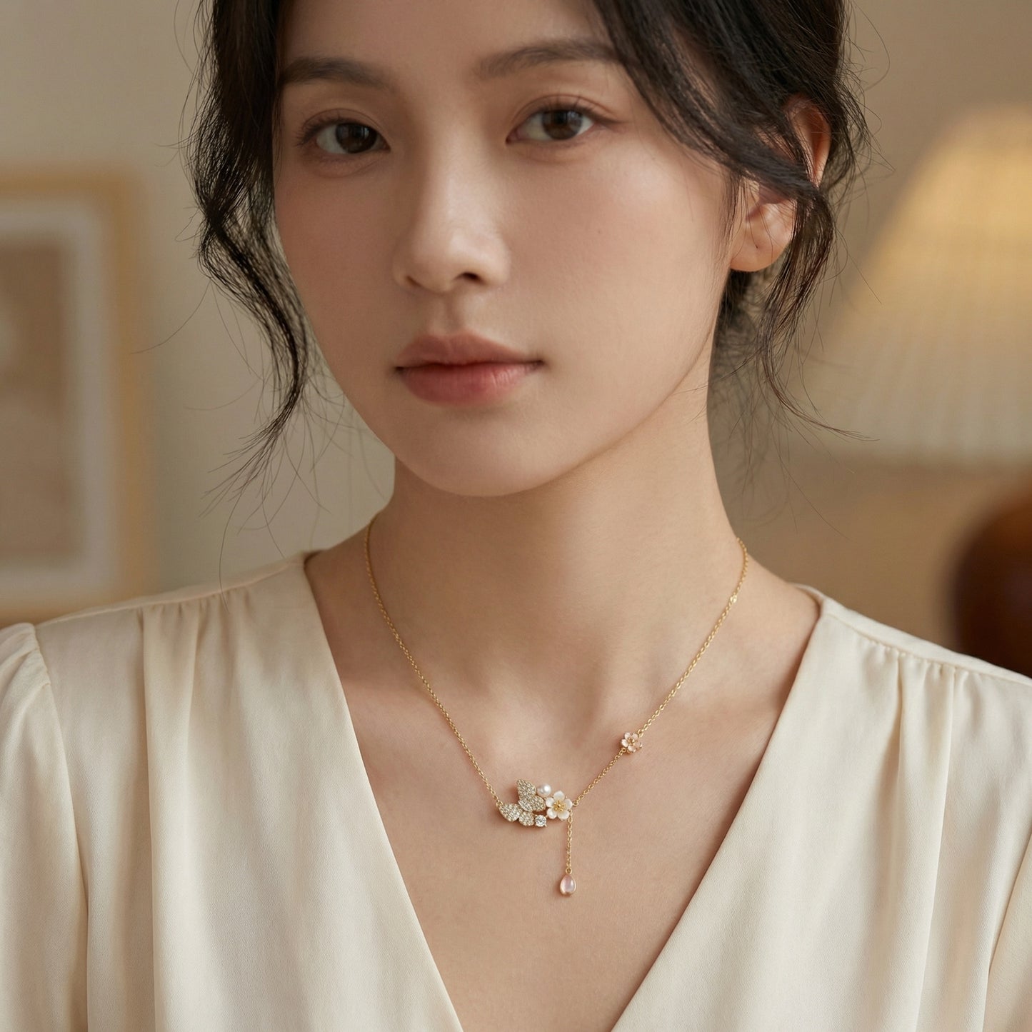 925 Sterling Silver Enchanting Butterfly and Cherry Blossom Necklace with Pearl and Pink Petal Drop