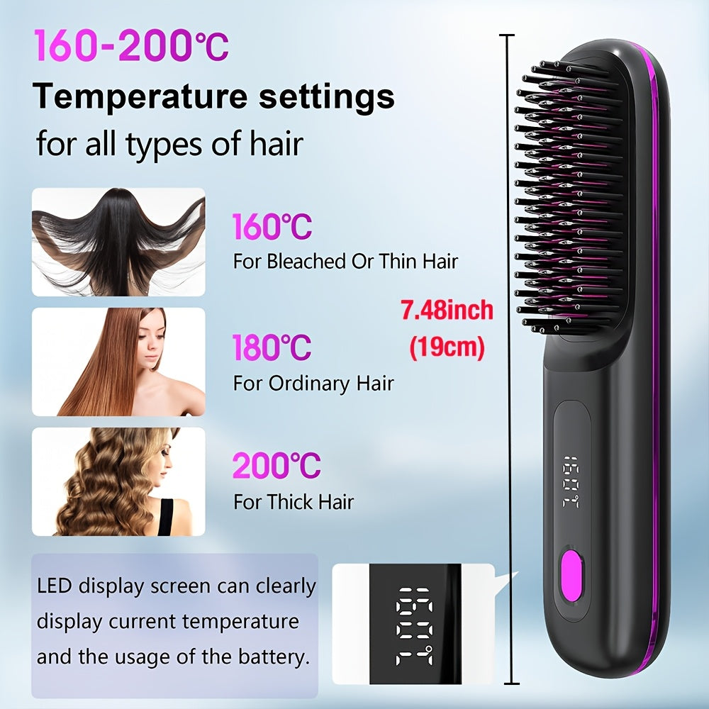 Cordless Hair Straightener Brush: Rapid Heating, USB Rechargeable Hot Comb for Women