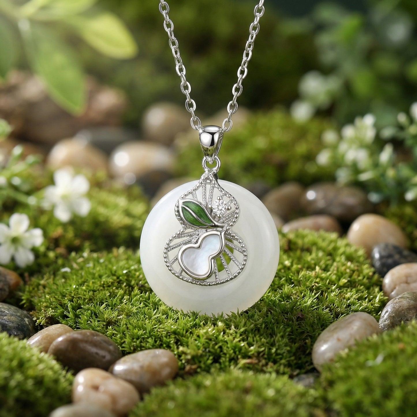 925 Sterling Silver White Jade Ping'an Kou Necklace with Silver Gourd, Mother-of-Pearl, and Green Enamel Accents