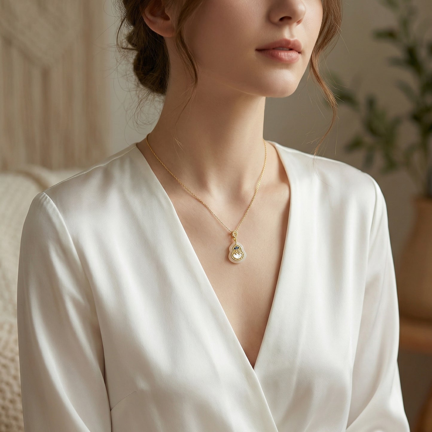925 Sterling Silver Elegant Hulu Pendant Necklace Featuring Enamel Ruyi Cloud and Shimmering White Gemstone