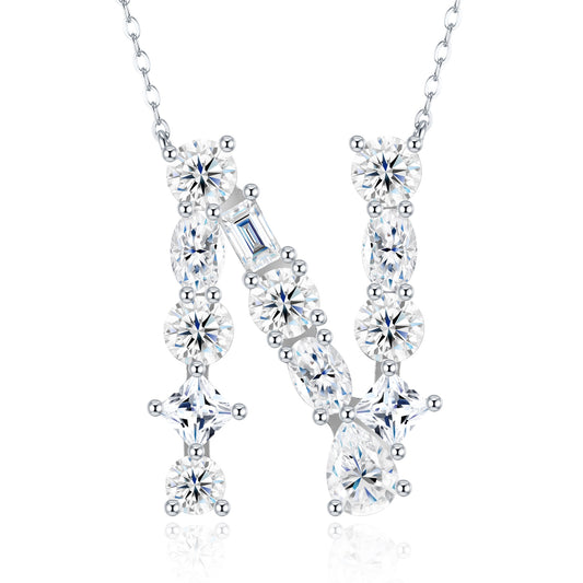 26-letter - N - Luxury Silver Necklace Featuring With Top-quality Moissanite D Color VVS, Made Of S925 Silver Electroplated With Platinum.