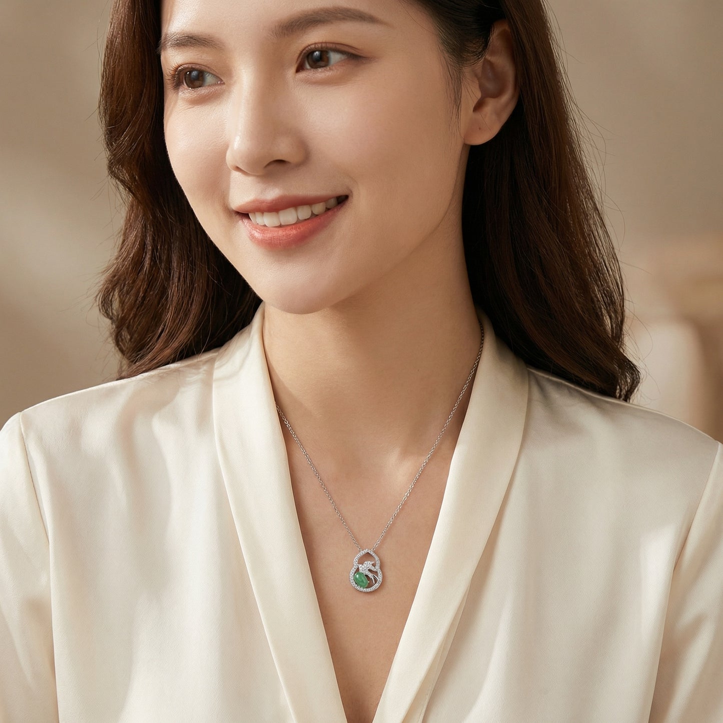 925 Sterling Silver Elegant Gourd Pendant Necklace Featuring Green Jadeite and Sparkling Diamond Bird Motif