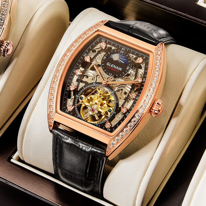 Men's Automatic Mechanical Skeleton Tonneau Watch with Diamond Accents