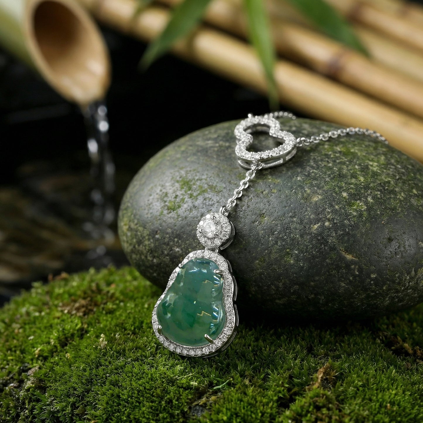 925 Sterling Silver Green Jade Laughing Buddha Necklace with CZ Accents and Gourd Detail